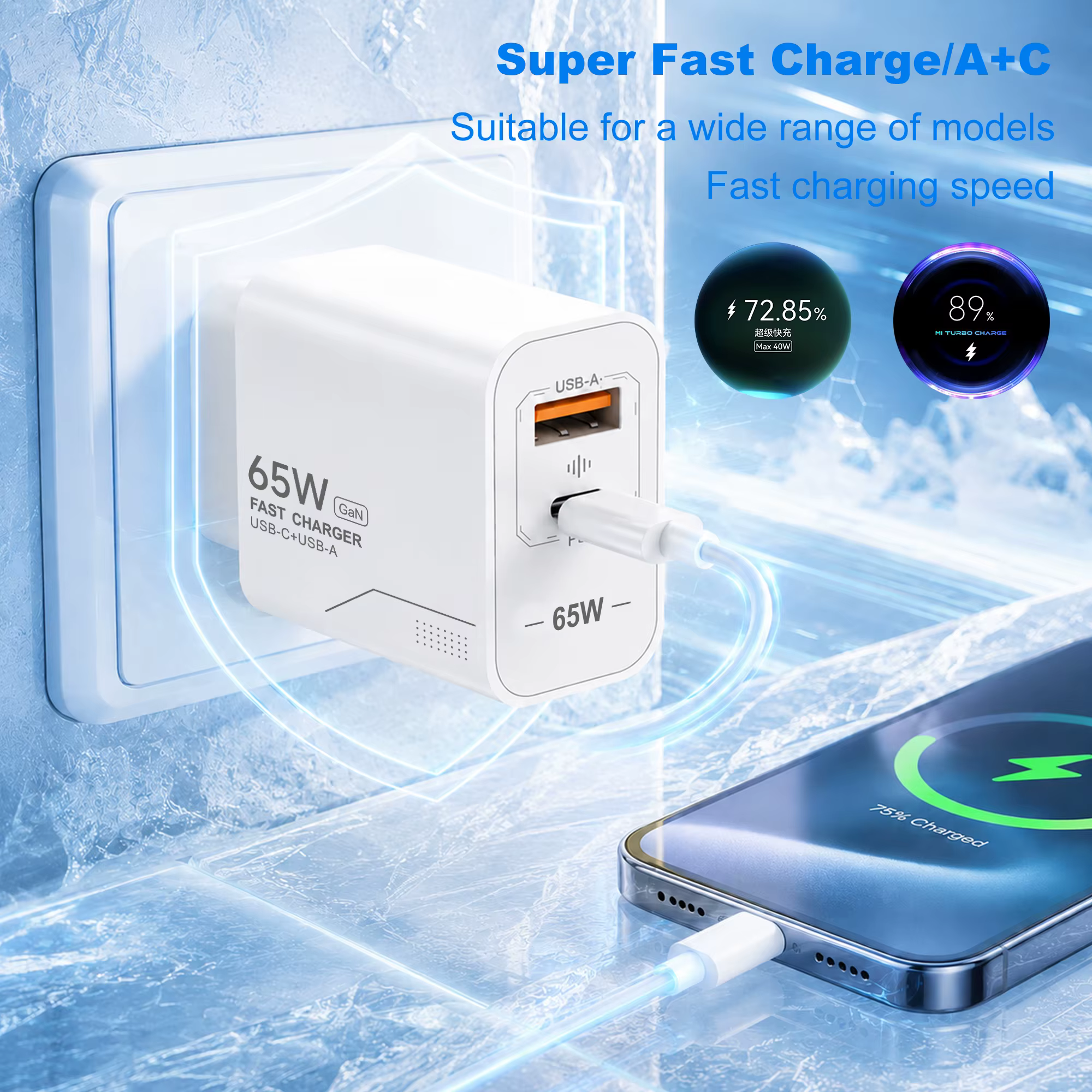 Carregador de Parede GaN 65W USB-C + USB-A - Imagem 1