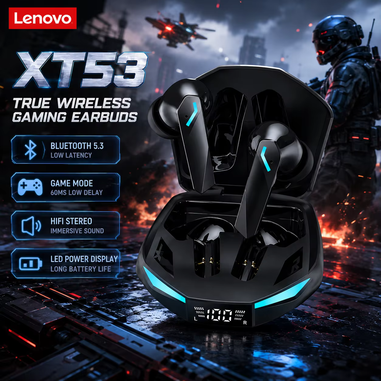 Lenovo XT53 — Fone Bluetooth 5.3 Gamer com Baixa Latência