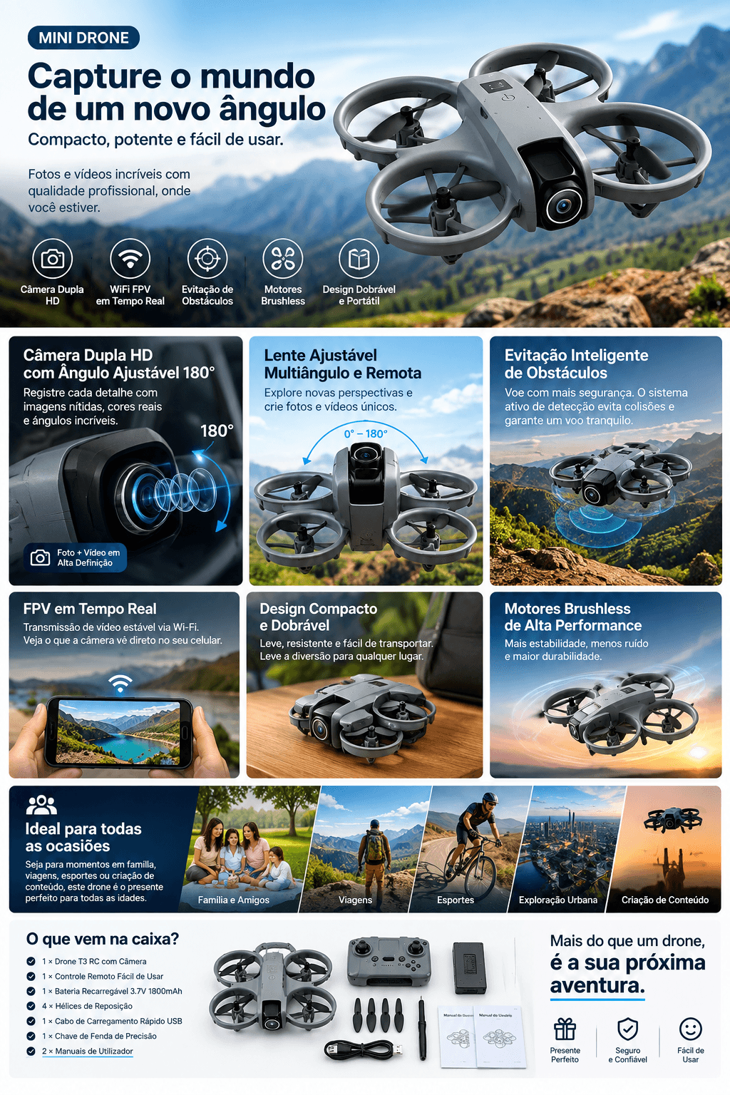 Mini Drone T3 com Câmera Dupla HD 180° e Motores Brushless - Imagem 5