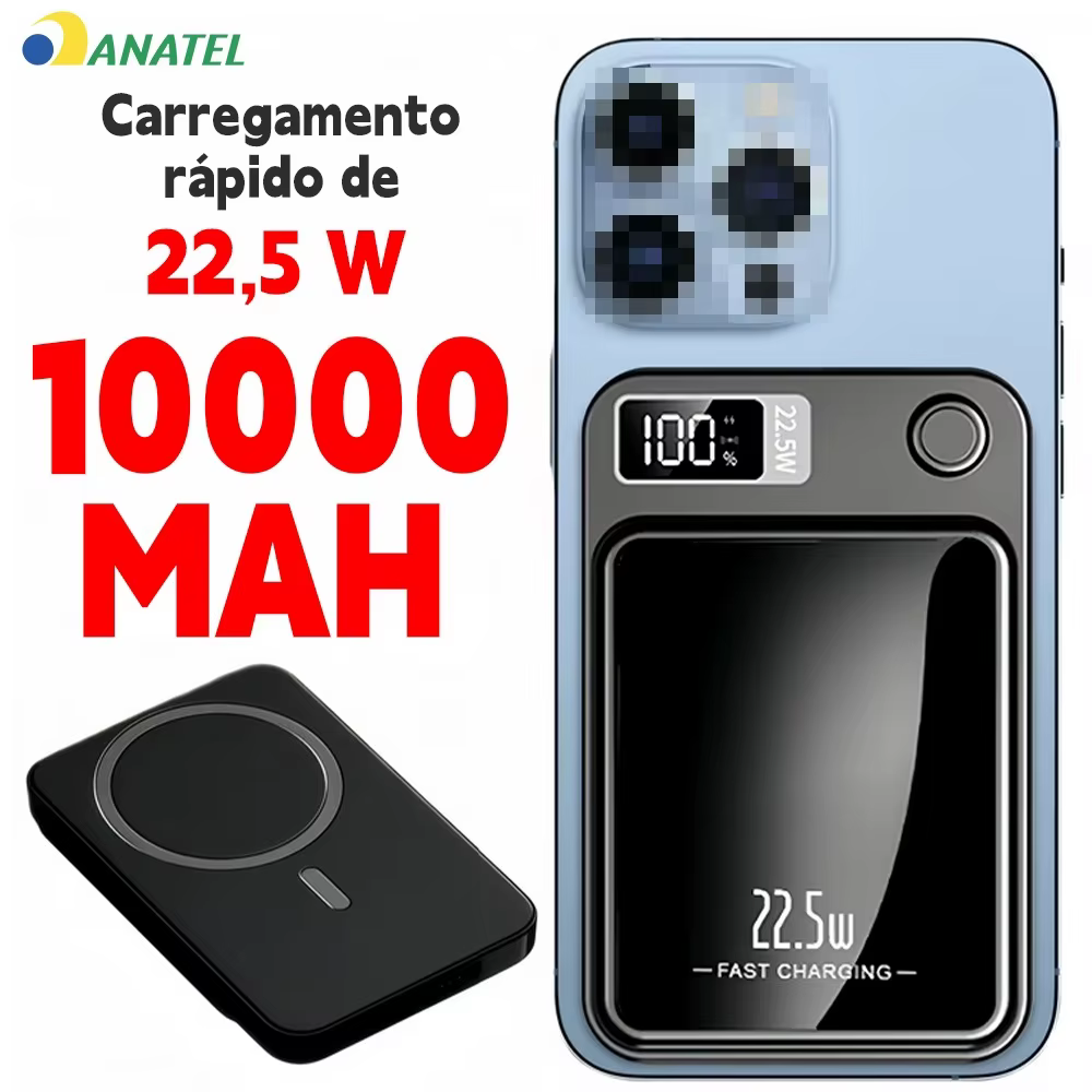 Power Bank Magnético 10.000mAh com Carregamento Sem Fio e Tela Digital - Imagem 1
