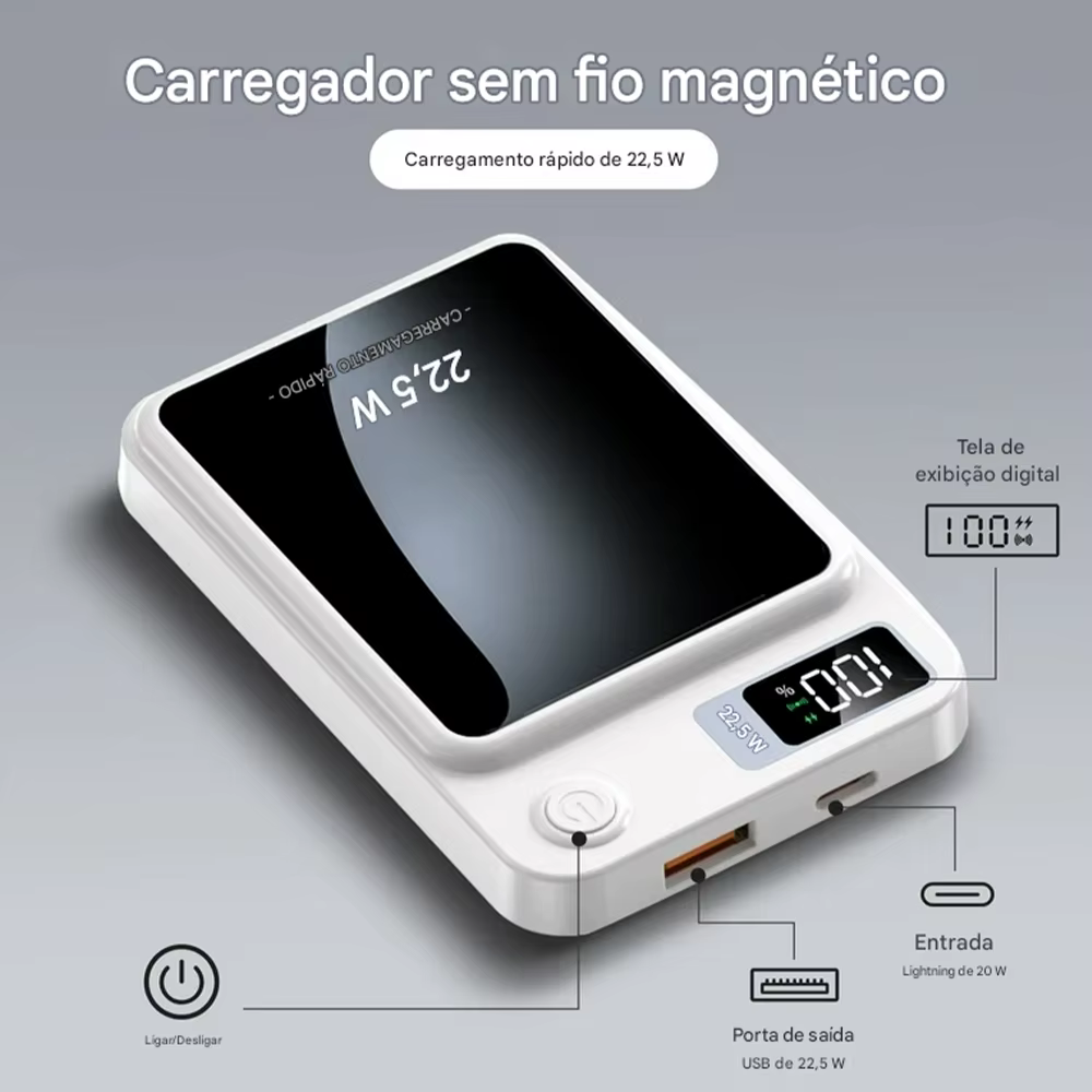 Power Bank Magnético 10.000mAh com Carregamento Sem Fio e Tela Digital - Imagem 5
