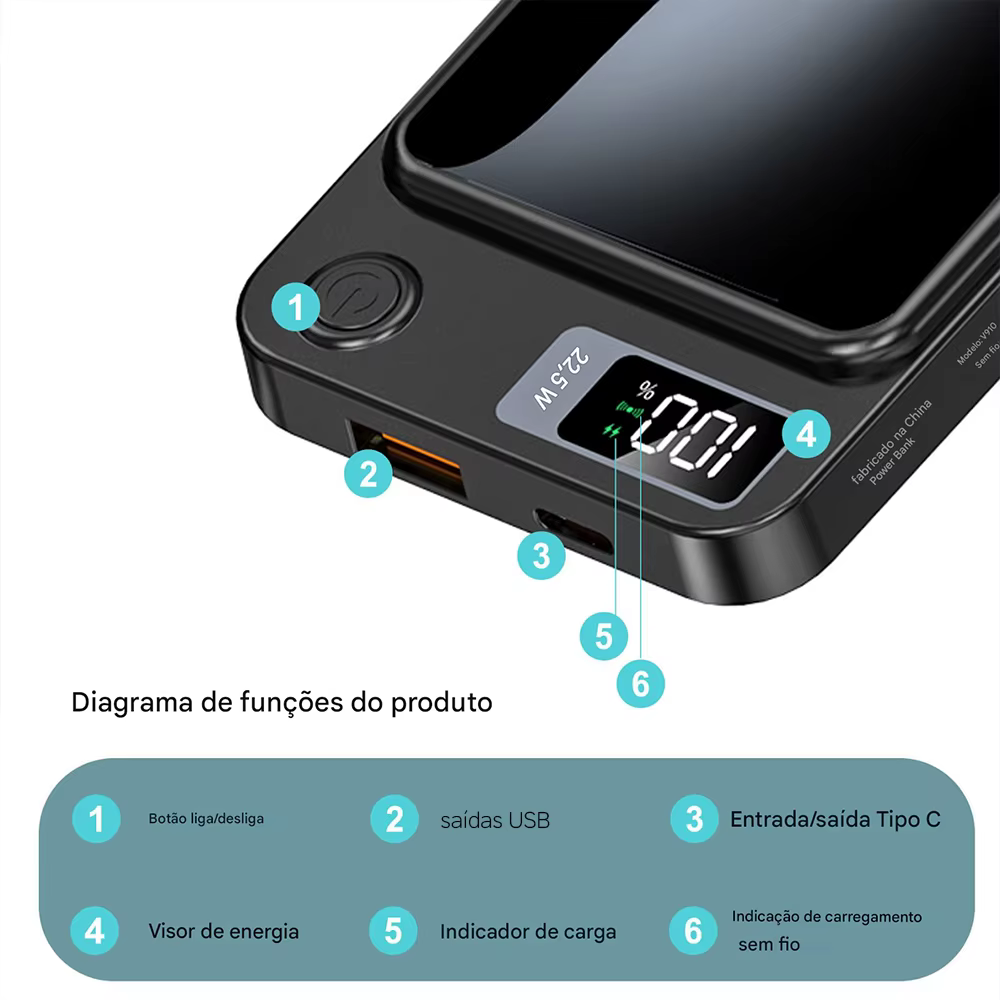 Power Bank Magnético 10.000mAh com Carregamento Sem Fio e Tela Digital - Imagem 7