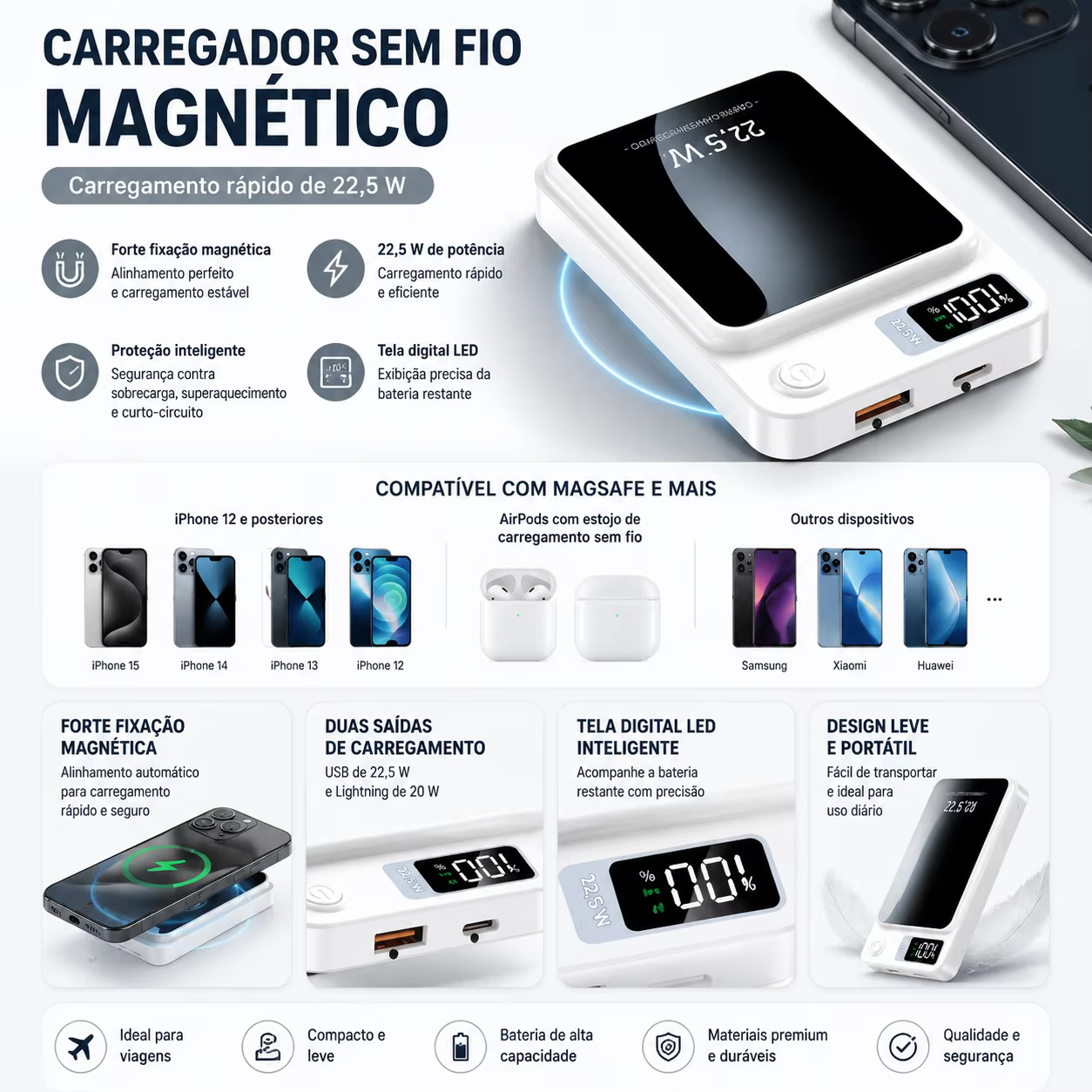 Power Bank Magnético 10.000mAh com Carregamento Sem Fio e Tela Digital - Imagem 9
