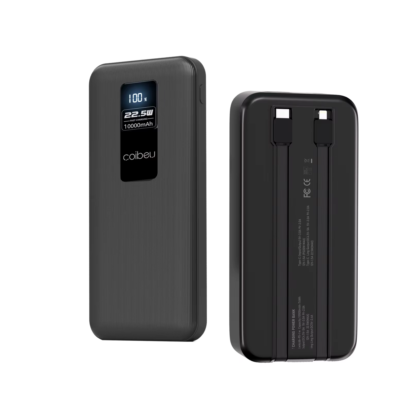 Power Bank Coibeu 10.000mAh 23W com Cabos Embutidos e Visor Digital