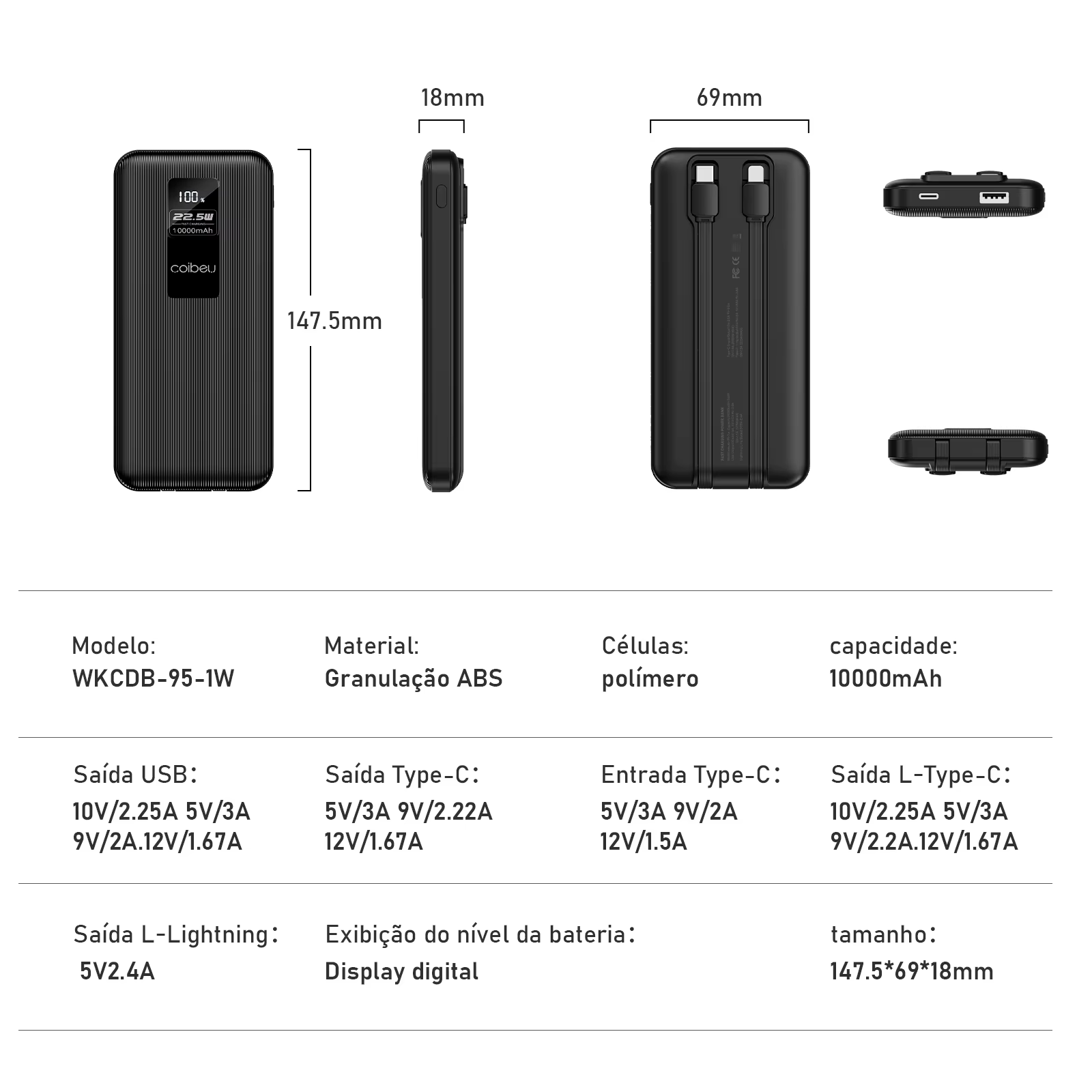 Power Bank Coibeu 10.000mAh 23W com Cabos Embutidos e Visor Digital - Imagem 7